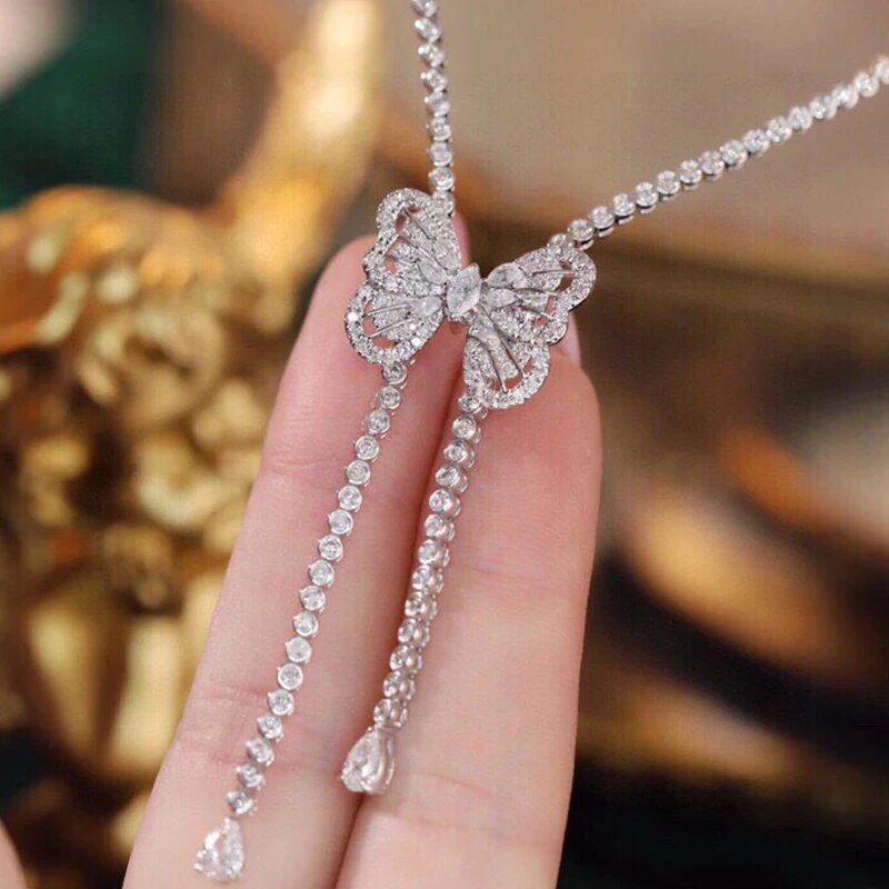 Aazuo Premium jewerly 18K Gold Real Diamonds 3.7ct  Luxury Tennis Butterfly Necklace Gife For Woman Senior Party Charm Jewelry