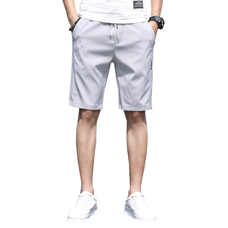 2024 Summer Thin Ice Silk Casual Shorts Men Slim Straight Trousers Solid Knee-length High Quality Beach Pants