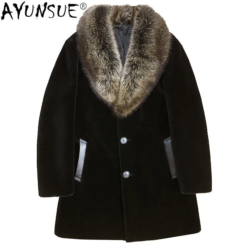 Men's Clothing winter Men Jacket Real Raccoon Fur Collar Coat Sheep Shearing Jackets Thick Clothes Ropa Hombre LXR451
