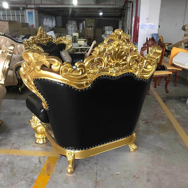 European Style Full Gilded Frame Leather Carved Luxury Villa Living Room Sofa American Style Villa Solid Wood Carved Living Room