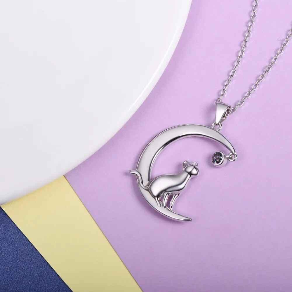 U7 Authentic 100% 925 Sterling Silver Cat Moon Necklace Meditation Women Jewelry   Chain & Pendant Valentine Gift SC17