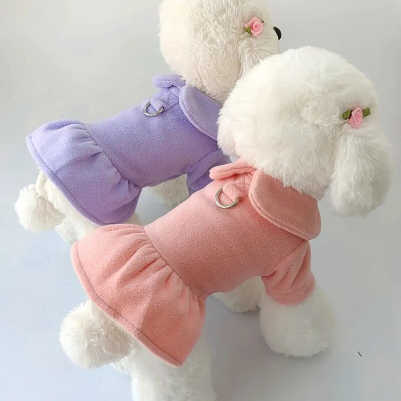 Autumn Winter Pet Dresses Christmas Wool Princess Skirt Harness Traction Cord Small Dog Coat Holiday Clothes Yorkie Poodle Puppy