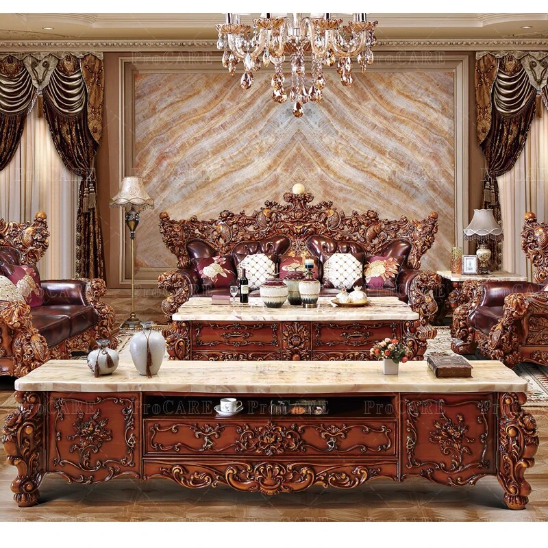 ProCARE European sofa American villa living room genuine leather solid wood carving etro 124 living room sofa sets