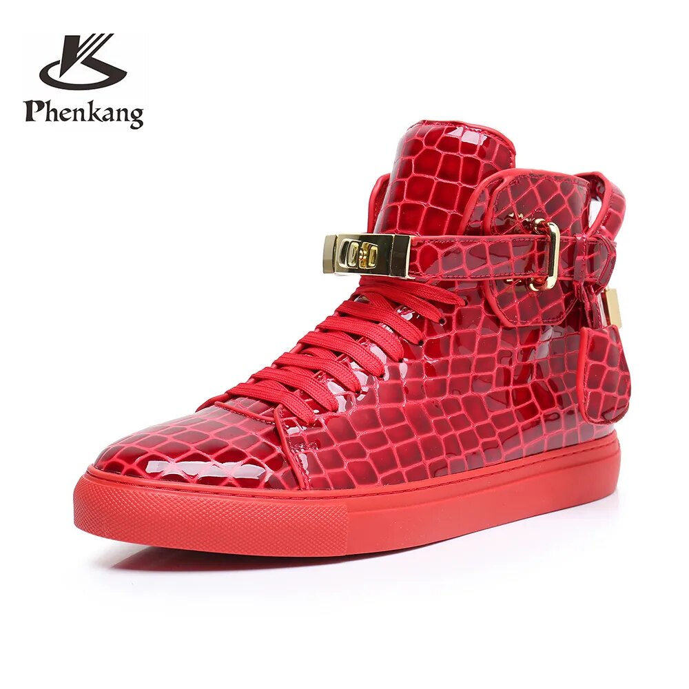 Phenkang Men Embossed Crocodile High Top Sneakers Lock Lace Red Flats Real Leather Designer Boots Men‘s Casual Shoes