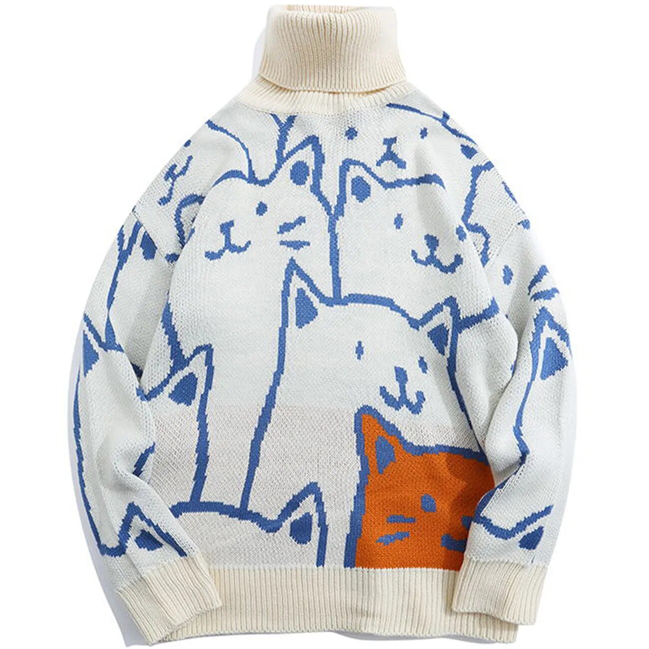 LACIBLE Harajuku Cat Pattern Turtleneck Knit Sweater Loose Casual Turtleneck Knitted Sweater Pullover Men Knitwear Streetwear