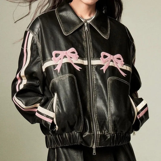 Bow Y2k Motorcycle PU Leather Jacket Female Autumn Fashion Zipper Polo-neck Sweet Cool Personal Street Vintage Oversize Coat Top - KAISERINC