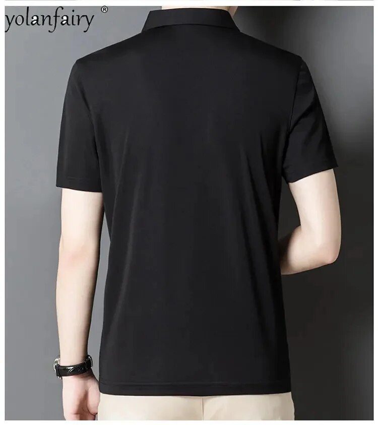 Summer 95% Mulberry Silk T Shirts for Men Tees Short Sleeved Polo Male Business Casual High-quality FCY3904