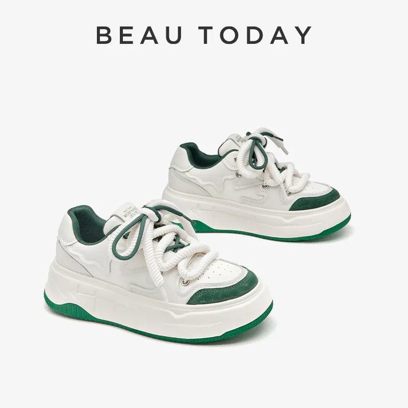 BEAUTODAY Casual Sneakers Women Genuine Leather Breathable Mesh Light Lace-up Mixed Colors Platforms Ladies Shoes Handmade 29712