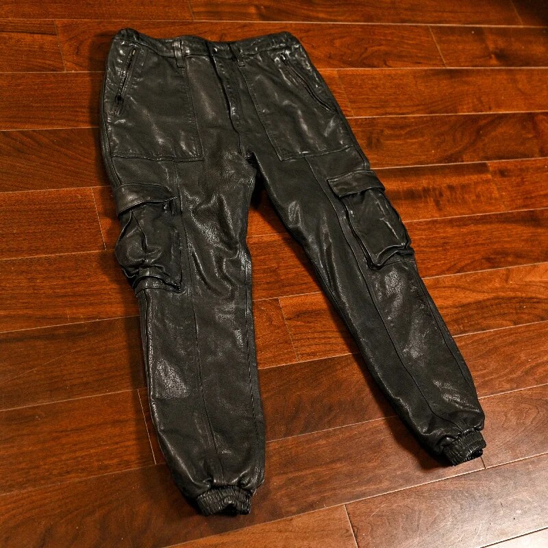 New Real Leather Pants Men Vintage Vegetable-tanned Top Layer Cowhide Trousers Loose Cargo Cuffed Cropped FC