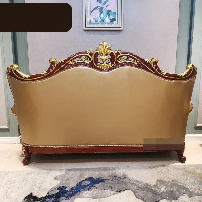 European Leather Sofa Combination Living Room Red Sandalwood Color Gold Foil Imported First Layer Cowhide Home Furniture