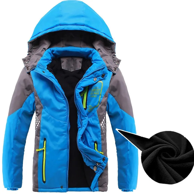 Winter Warm Fleece Padded Thick Child Coat Waterproof Contrast Detachable Hood Zipper Girls Boys Jackets Kids Outfits 3-12 Years - KAISERINC
