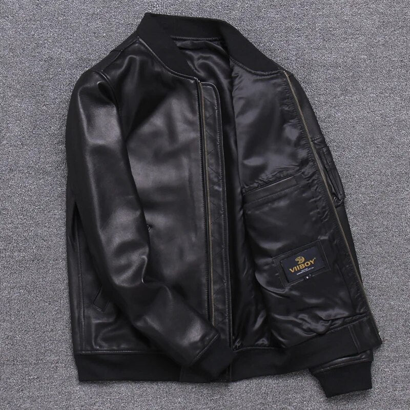 Mens 100% Genuine Leather Jacket 2023 Fall New First Layer Sheepskin Pilot Leather Coats Short Stand Collar Baseball Jacket Tide
