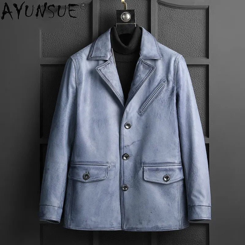 Men Clothing Genuine Cowhide Leather Jacket Mens 2024 Men's Autumn Coat Blue Jackets Chaquetas Hombre LXR1022