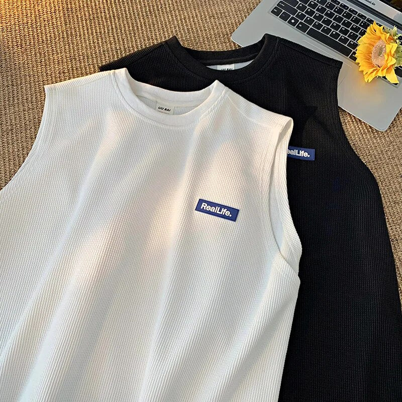 Men's Loose T Shirts Vest Summer Sleeveless T-shirt Casual Simple Waffle Sports Round Neck Letter Daily Tank Tops Tees Vests