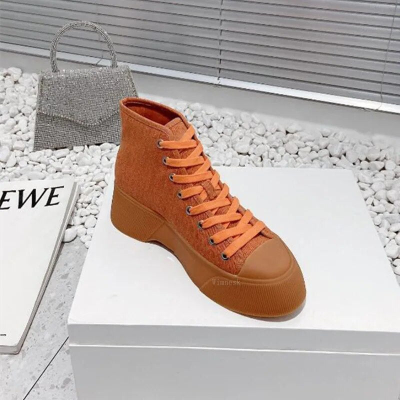 Spring Autumn New Round Toe Canvas Sneakers Boots Women Thick Sole Lace Up Patchwork Casual All Match Fashion Comfortable Shoes