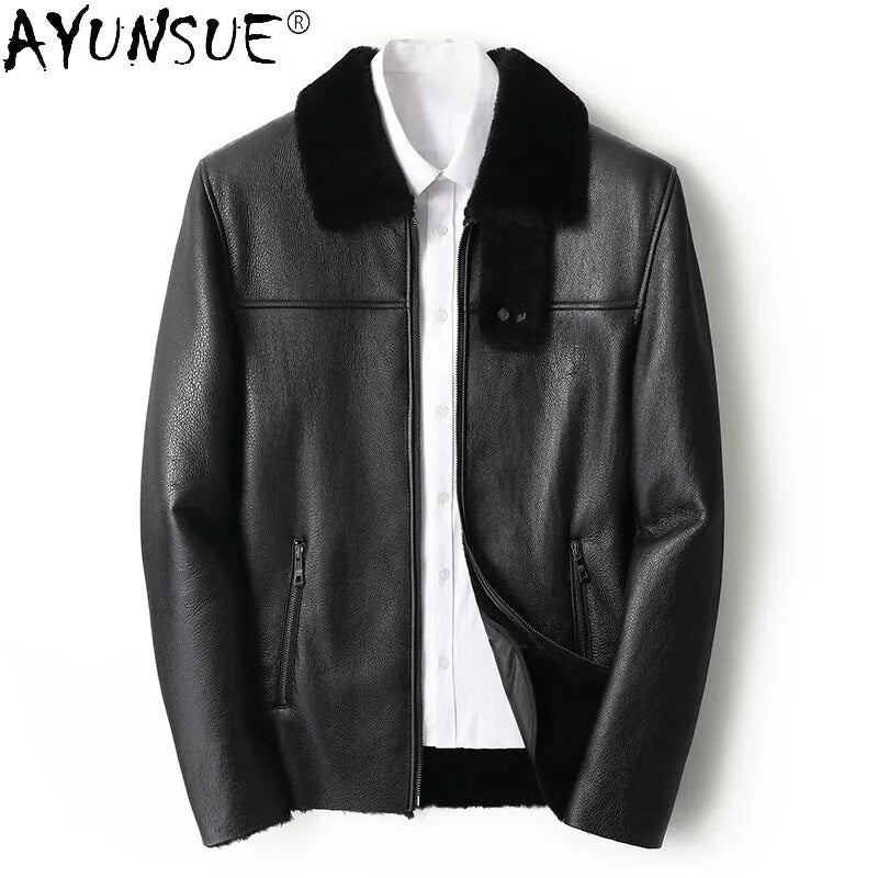 Genuine Sheepskin Leather Jacket Men 100% Wool Men's Clothing Motorcycle Fur Coat Thick Clothes Chaqueta Hombre LXR796