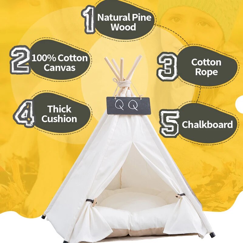 Pet Cat Dog Teepee with Cushion & Blackboard, Portable Dog Tents & Pet Houses, Wood Canvas Tipi Fold Pet Tent Small Animals Bed