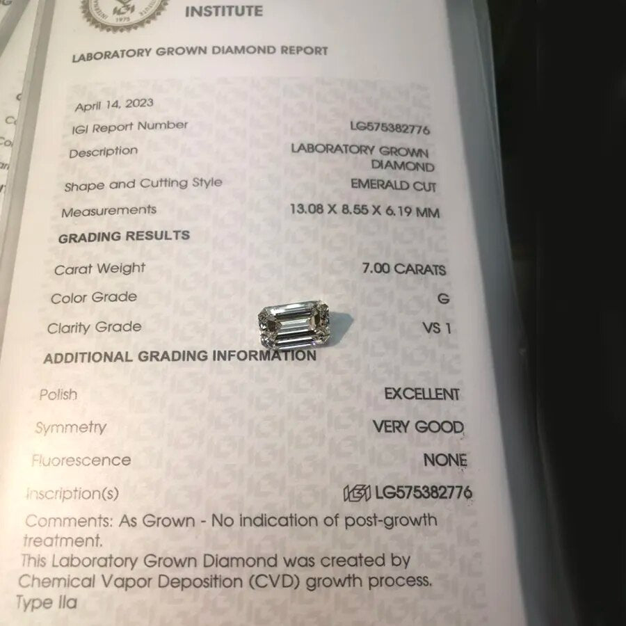 IGI Certified CVD Loose Diamond 7.00 Ct G VS1 Emerald Cut Excellent Lab Grown