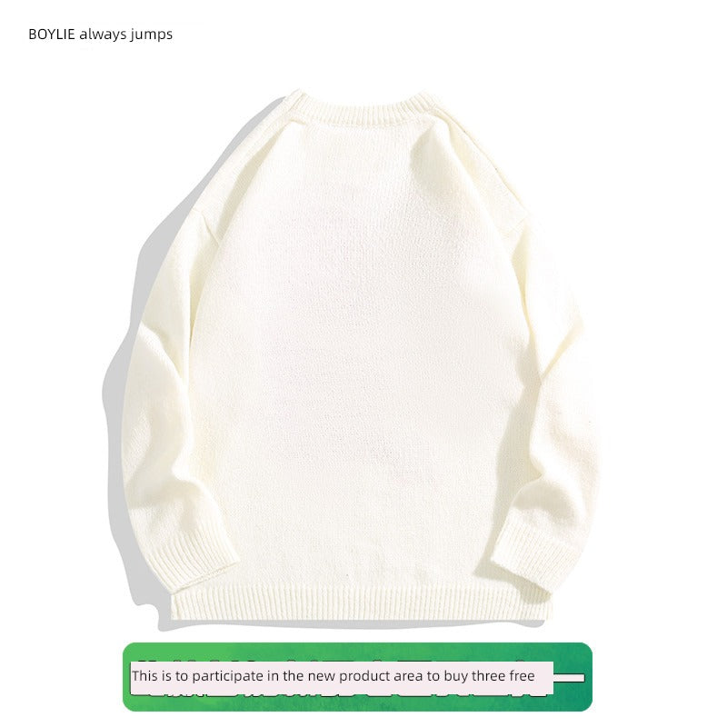 Letter Jacquard American Style Loose round Neck Sweater
