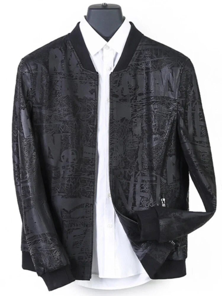 Genuine Leather Clothes Mens Printed Baseball Collar Sheep Jacket Motorcycle Thin Autumn Coat Plus Size 6XL