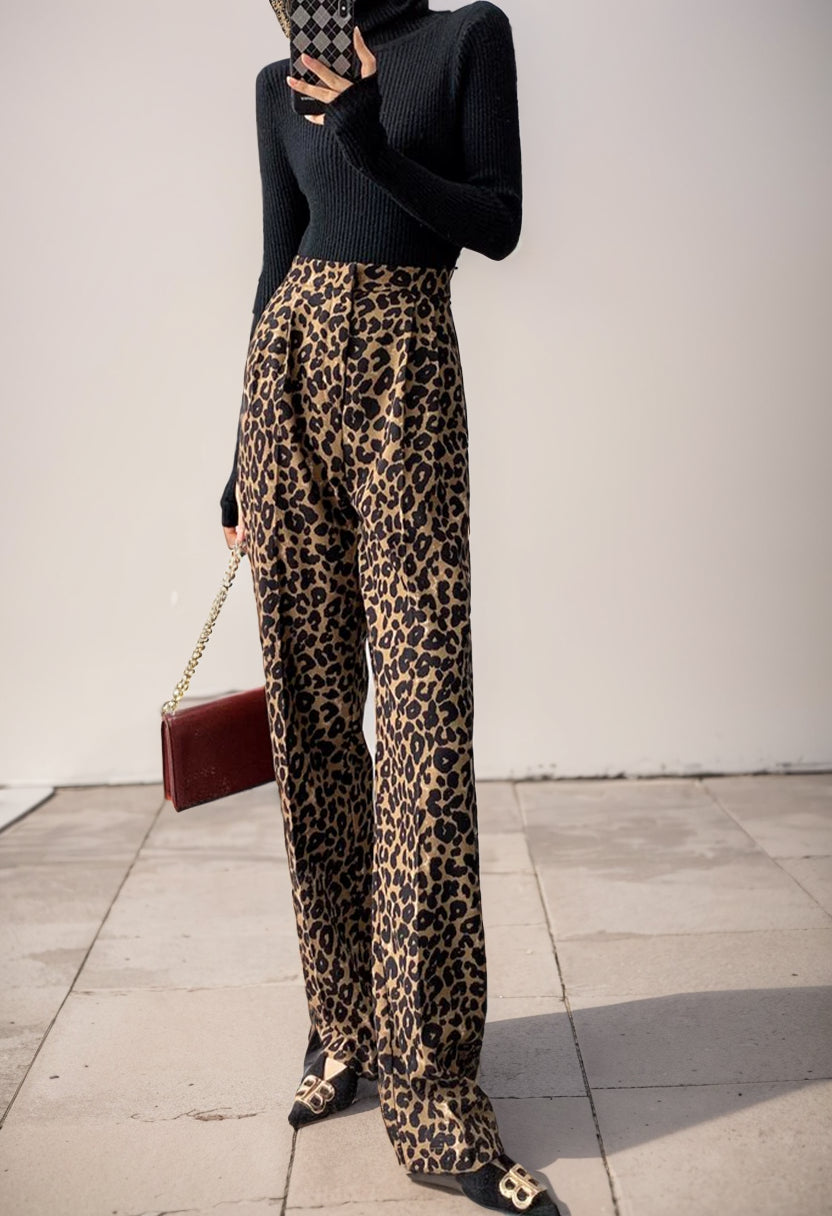 Leopard Print Commuter Ins Straight High Waist Slim Looking Casual Pants