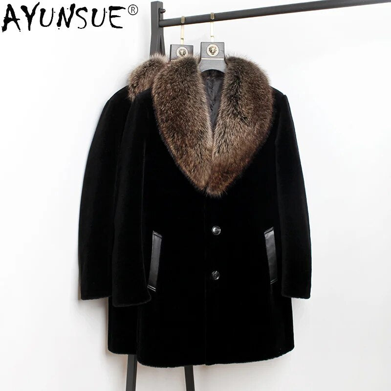 Men's Clothing winter Men Jacket Real Raccoon Fur Collar Coat Sheep Shearing Jackets Thick Clothes Ropa Hombre LXR451