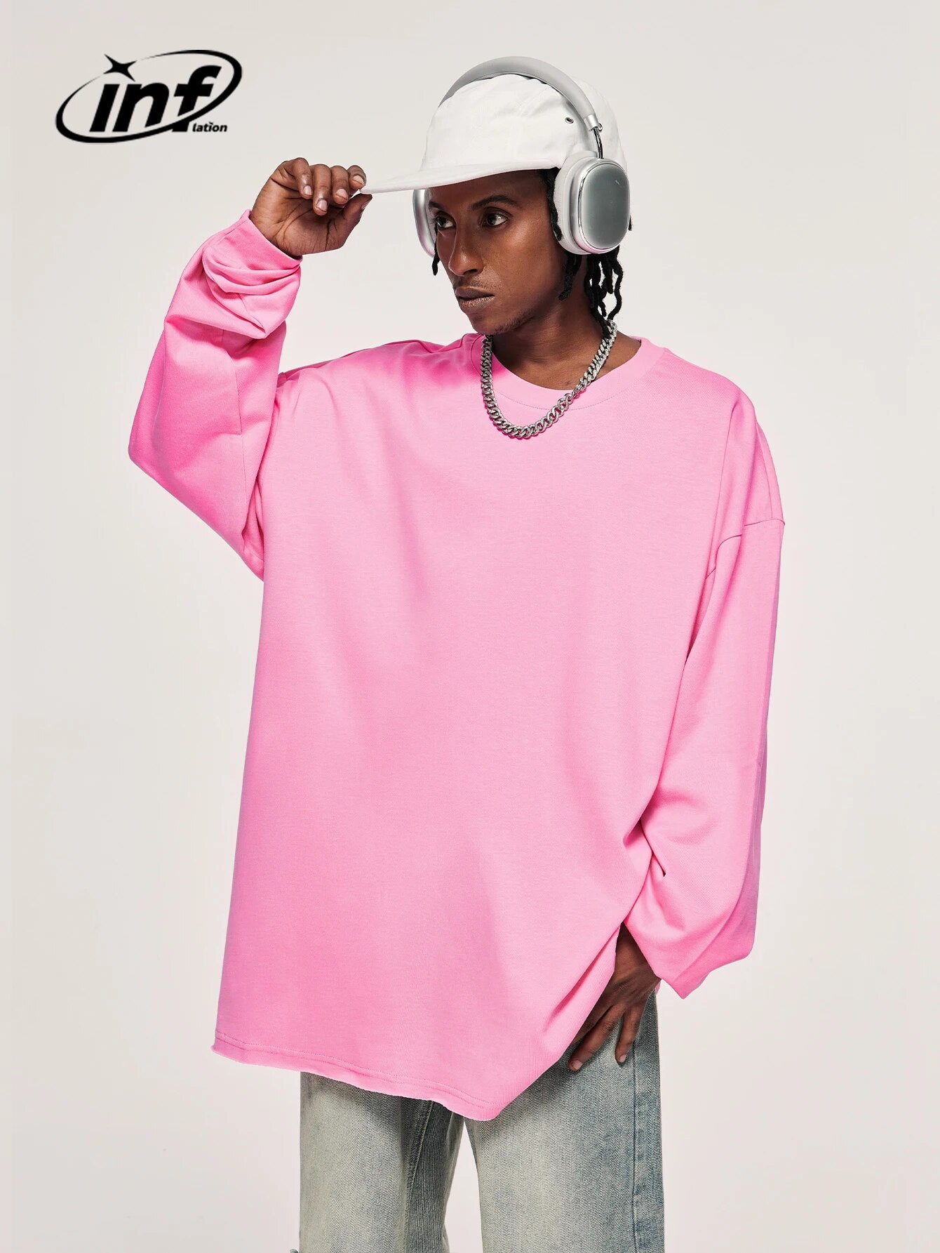 INFLATION Pink Cotton Long Sleeve T-shirts Unisex Oversized Hip Hop Tees Couple Wear Tee Shirts