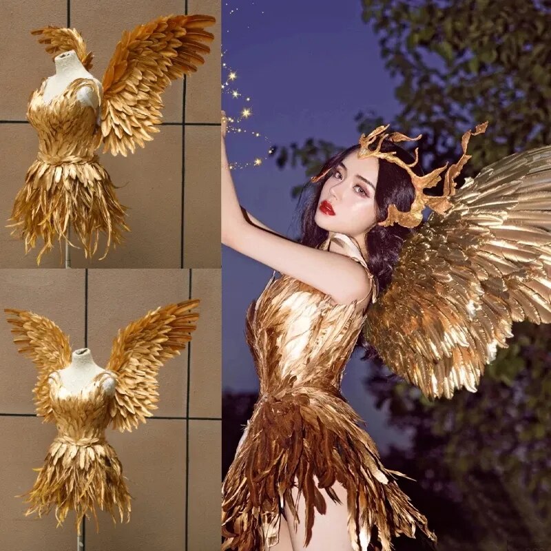 Cosplay Costumes Gold Feather Fairy Wings Party Victorian Dress Sexy Fairy Angel Princess Girl Halloween Costumes