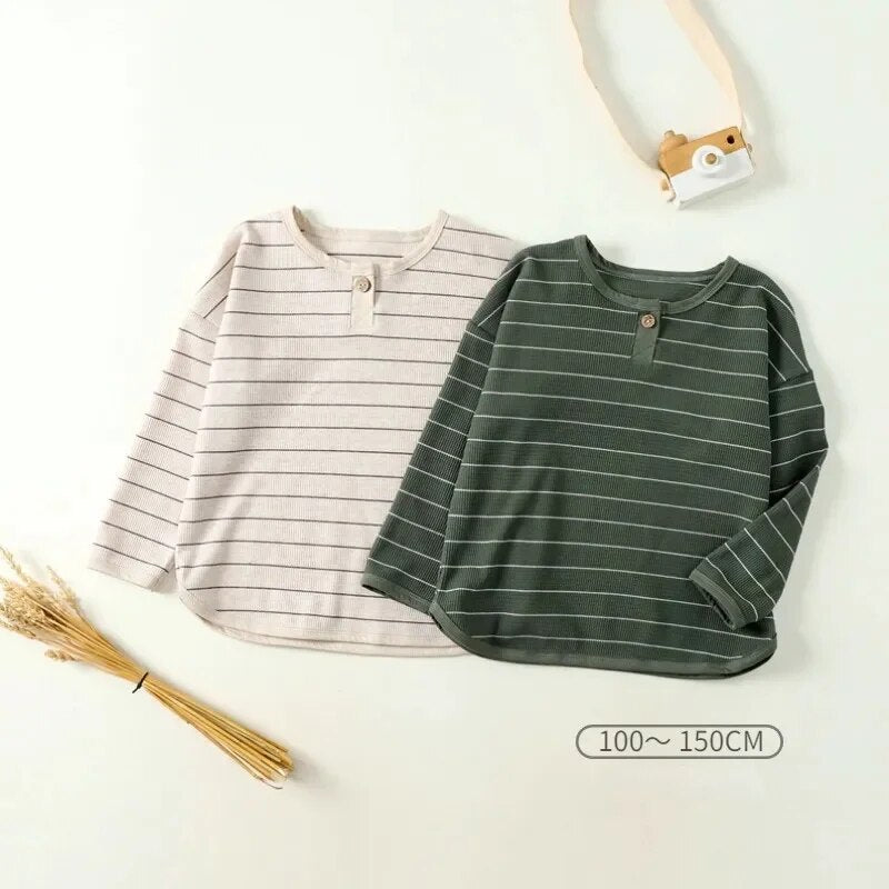 Children's Long Sleeve T-shirt Cotton Striped Shirt 2023 Autumn New Casual Loose Boy's Adolescent Bottoming