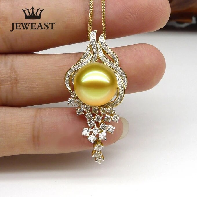18k Pure Gold Natural Southsea Round Pearl Diamond Pendant Elegant Exquisite Jewelry Female For Party Trendy Gift For Mother