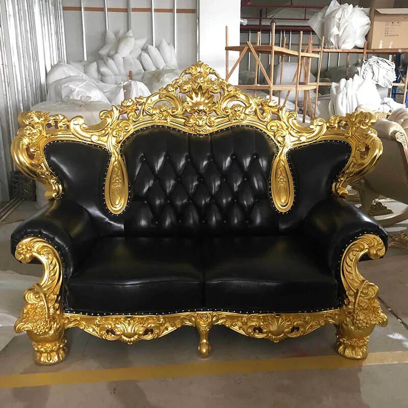 European Style Full Gilded Frame Leather Carved Luxury Villa Living Room Sofa American Style Villa Solid Wood Carved Living Room