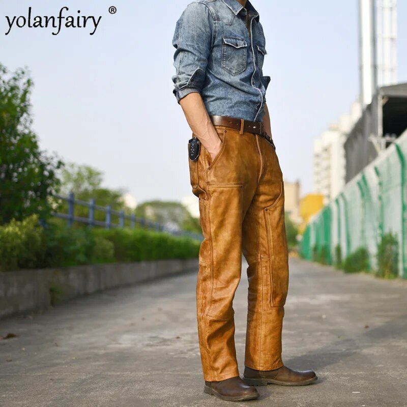 Cow Leather 100% Pants Men 2023 Genuine Leather Trousers for Men Japanese Retro Vintage Casual Men's Clothing Pantalones Hombre