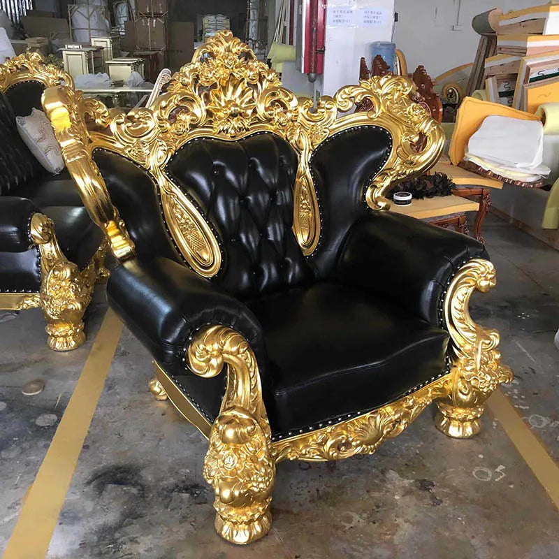 European Style Full Gilded Frame Leather Carved Luxury Villa Living Room Sofa American Style Villa Solid Wood Carved Living Room