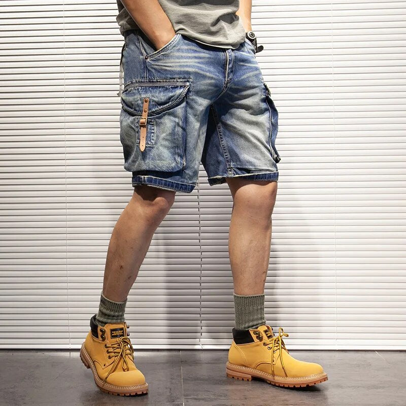 Men's Denim Shorts Retro Loose Side Pockets Leather Buckle Cargo Summer Jeans Male