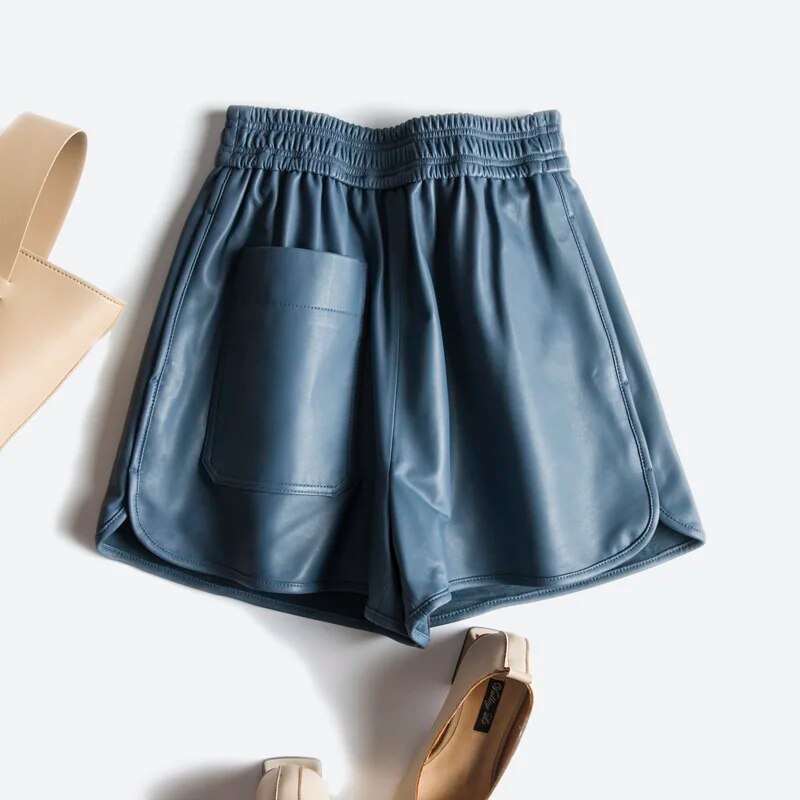 Spring Real Women's Leather Shorts Wide-leg Leather Pants High Waist Outer Wear Large Pocket All-match Sheepskin Shorts