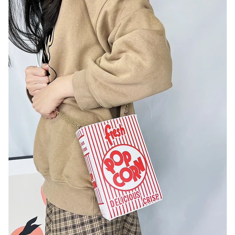 Popcorn Red Stripe Design Chain Shoulder Crossbody Bag for Women Fashion Girl's Purses and Handbags Novelty Clutch Bag Pu Leathe
