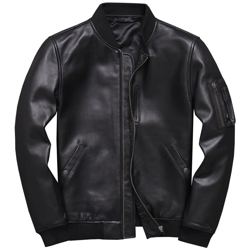 Mens 100% Genuine Leather Jacket 2023 Fall New First Layer Sheepskin Pilot Leather Coats Short Stand Collar Baseball Jacket Tide