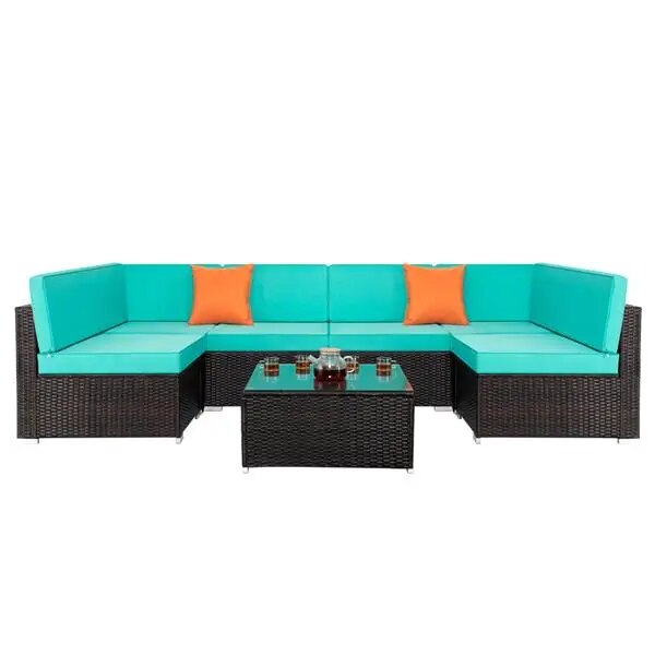 7-piece Outdoor Patio Furniture Set PE Wicker Rattan Conversation Sectional Sofa Sets with Tempered Glass Coffee Table Lake Blue