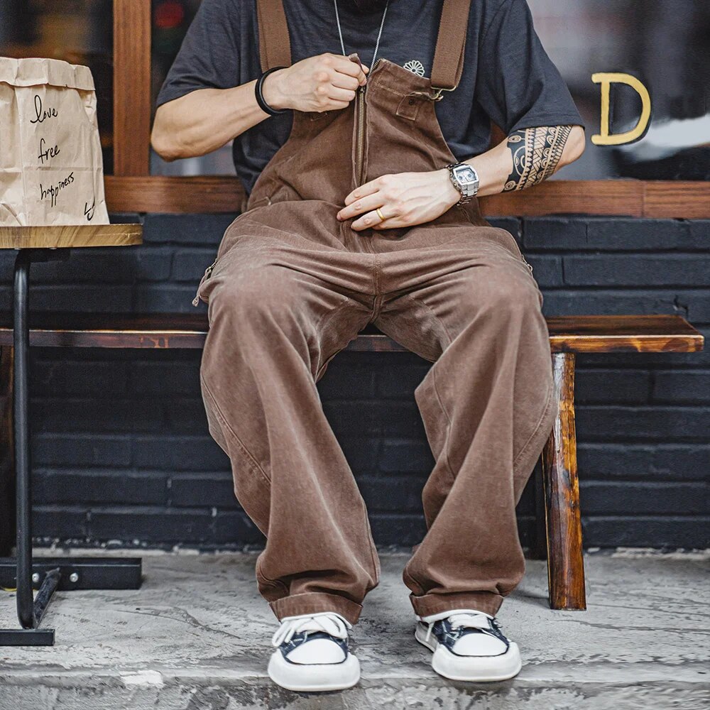 Maden Vintage Large Pockets Navy Deck Overalls Men's Straight Loose Workwear Pants Uncle Fu Amekaji Adjustable Straps Jumpsuit