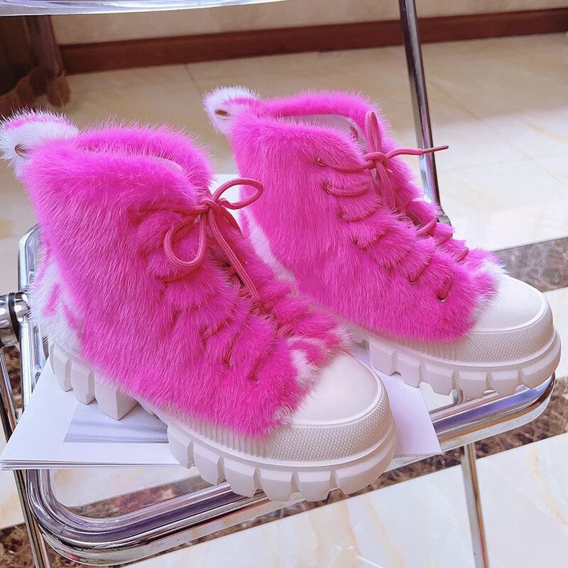 European Station Ladies Mink Hair Casual Shoes Luxury 100% Fur Sneakers Fashion Color Outdoor High Boots 2023 Autumn New