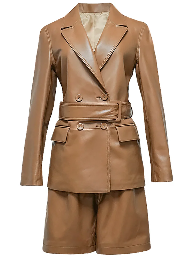 Luxury Women Double Breasted Belt Blazer Coat Straight Shorts Two Piece Set OL Suit Real Sheepskin Genuine Leather Matching Sets