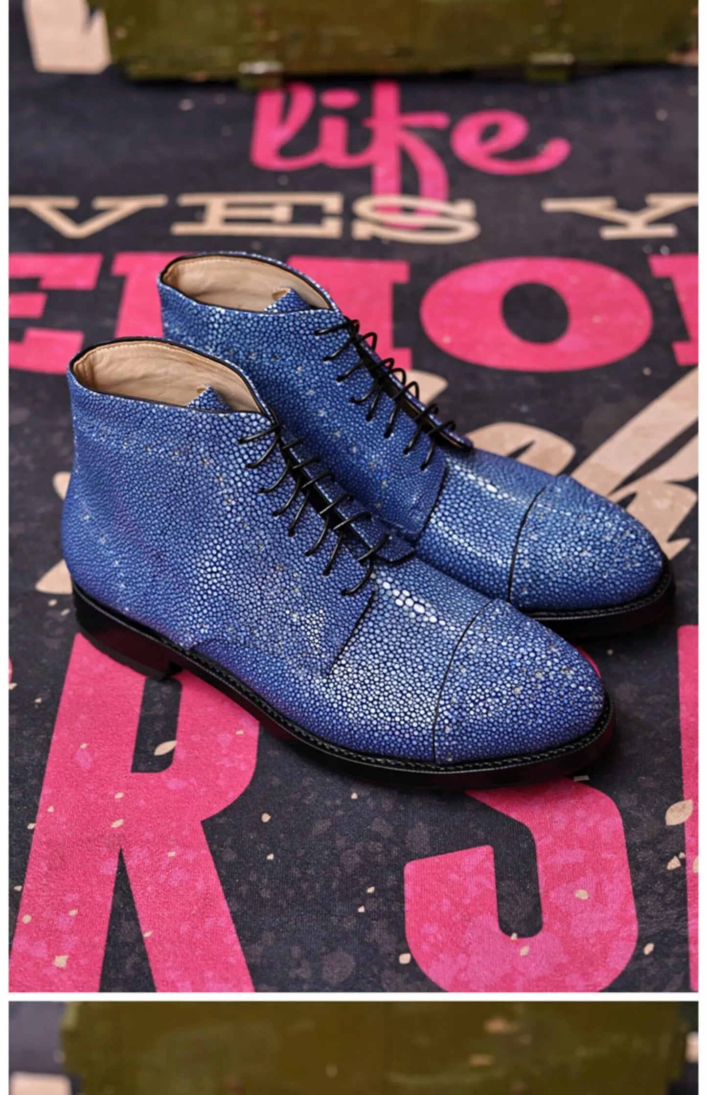 Sipriks Handmade Goodyear Welted Shoes Imported Stingray Skin Martin Boots Men's Lace Up Ankle Boot Cap Toe Brogue Shoes Luxury
