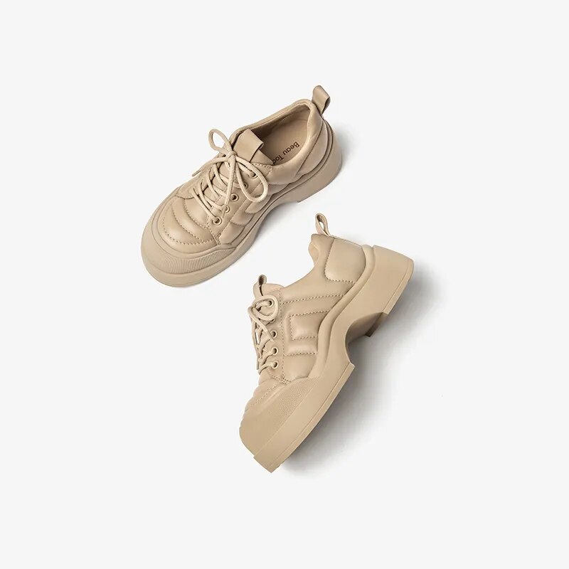 BEAUTODAY Casual Shoes Women Genuine Calfskin Solid Color Round Toe Lace-up Soft 2023 Ladies Trendy Sneakers Handmade 25503