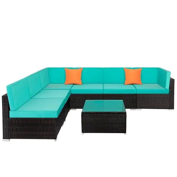 7-piece Outdoor Patio Furniture Set PE Wicker Rattan Conversation Sectional Sofa Sets with Tempered Glass Coffee Table Lake Blue