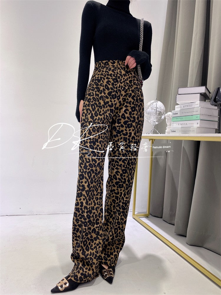 Leopard Print Commuter Ins Straight High Waist Slim Looking Casual Pants