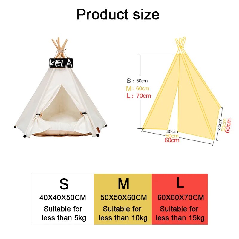 Pet Cat Dog Teepee with Cushion & Blackboard, Portable Dog Tents & Pet Houses, Wood Canvas Tipi Fold Pet Tent Small Animals Bed