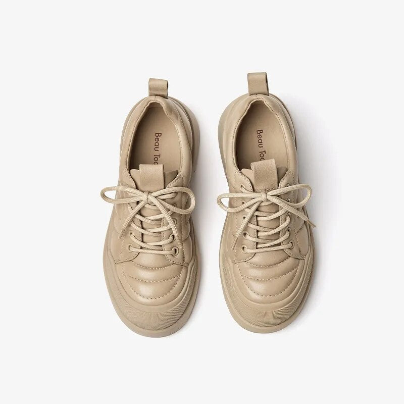 BEAUTODAY Casual Shoes Women Genuine Calfskin Solid Color Round Toe Lace-up Soft 2023 Ladies Trendy Sneakers Handmade 25503