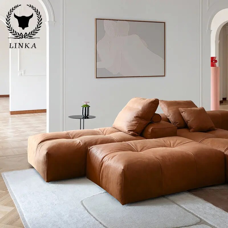 Italian Modern Minimalist Style Leather Thick Cushion Unit Living Room Sofa Combination Amber
