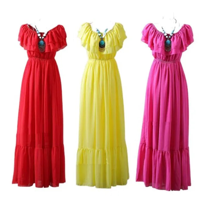 2023 slash neck ruffles bohemian chiffon full dress,girl long dress vestido de festa,Summer  women dresses - KAISERINC