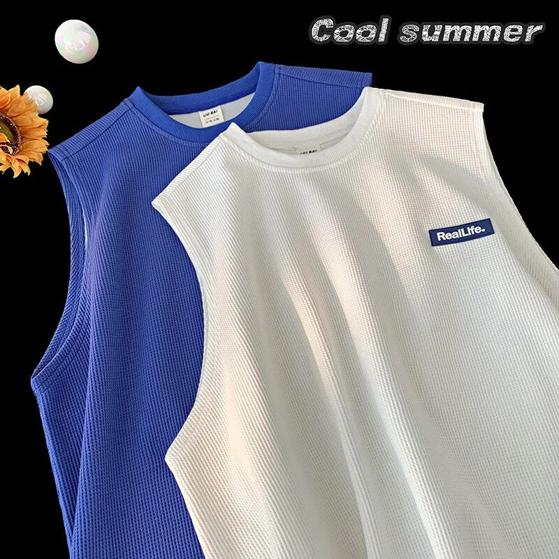 Men's Loose T Shirts Vest Summer Sleeveless T-shirt Casual Simple Waffle Sports Round Neck Letter Daily Tank Tops Tees Vests